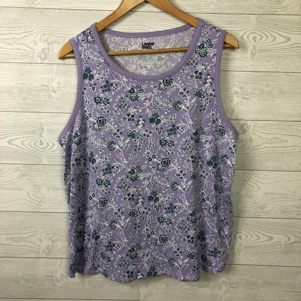Lands End Women's XL/18 Floral Print Knit Tank Top Scoop Neck Purple Shirt